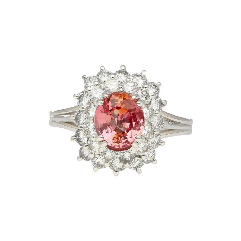 GIA Certified 1 63 Carat Padparadscha Sapphire and Diamond Halo Set Cluster Ring