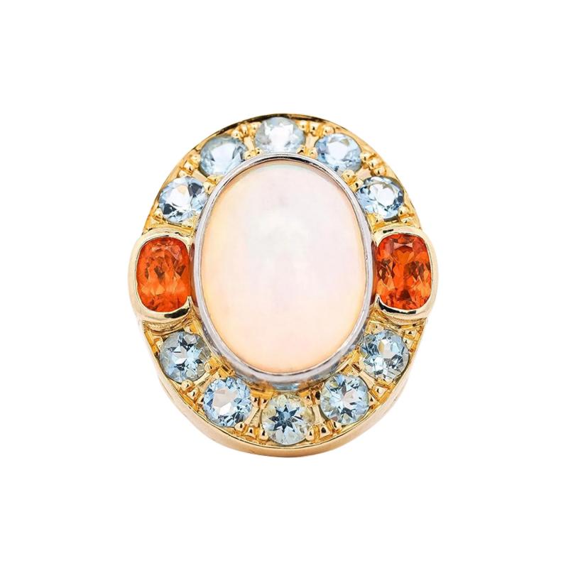 GIA Certified 8 Carat White Opal With Orange Garnet Aquamarine Halo Ring