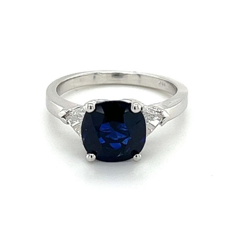 GIA Certified No Heat Blue Sapphire Trillion Cut Diamond 3 Stone Ring