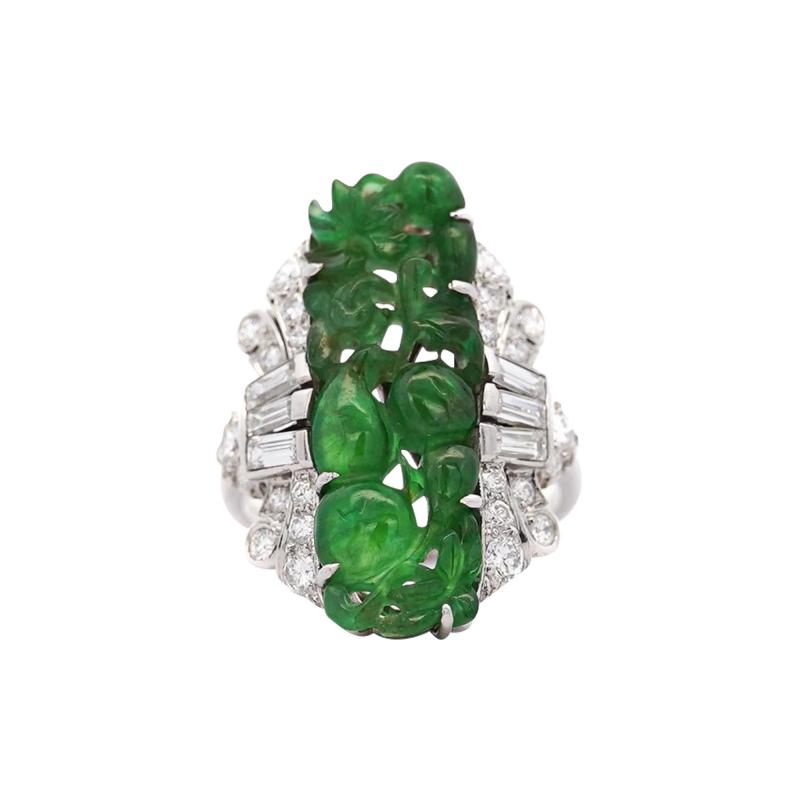 GIA Certified Vintage Carved Jadeite Jade Diamond Statement Ring