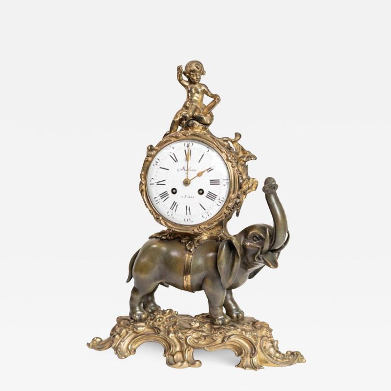 GILT BRONZE LOUIS XV STYLE ELEPHANT MANTEL CLOCK