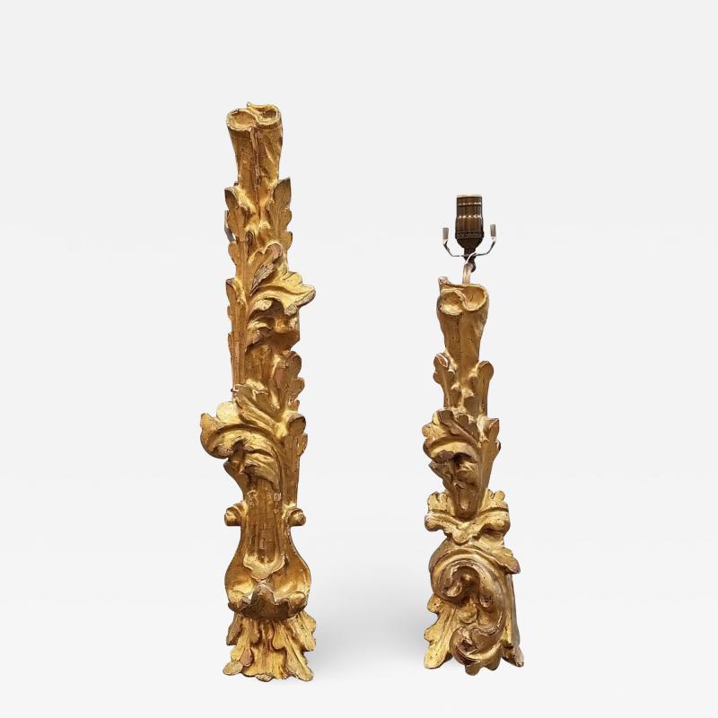 GILTWOOD HAND CARVED LAMPS ON ACRYLIC BASES ONE WITH ADJUSTABLE HEIGHT PAIR