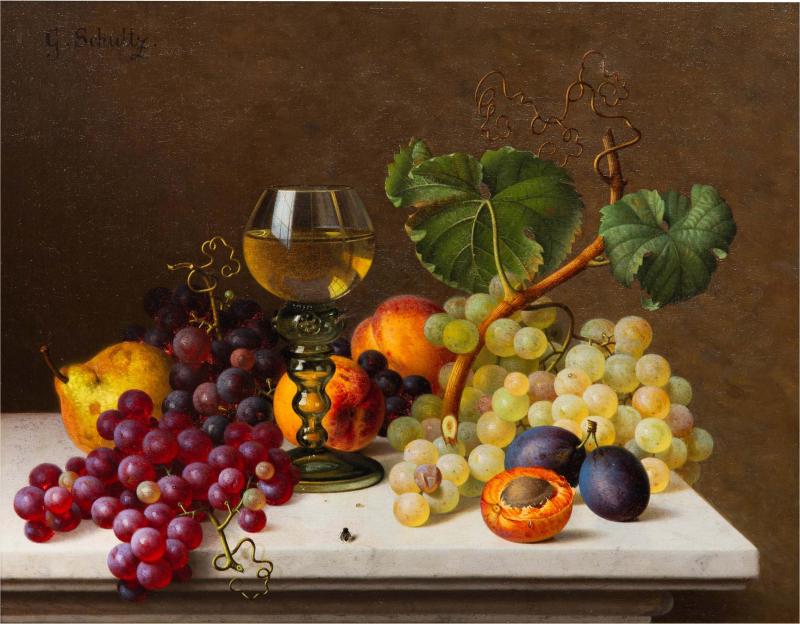 GOTTFRIED SCHULTZ Still life with Wine Fruits and a Fly on Marble Table Gottfried Schultz