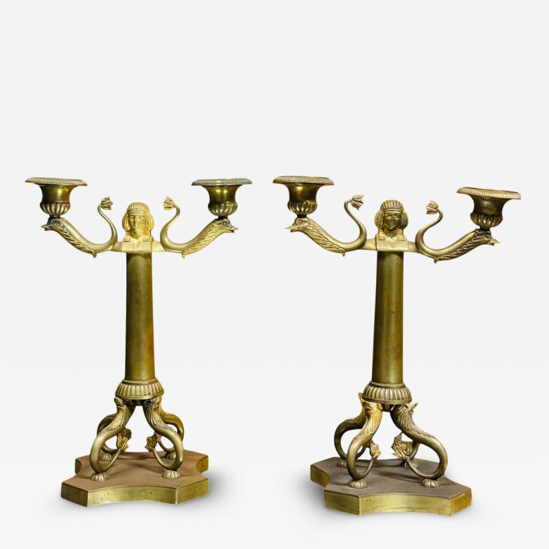 GRAND TOUR PAIR OF DORE BRONZE EGYPTIAN REVIVAL TWO CANDLE CANDELABRA