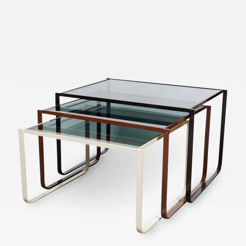 GREAT SET OF THREE ITALIAN MODERNIST ENAMEL STEEL NESTING TABLES