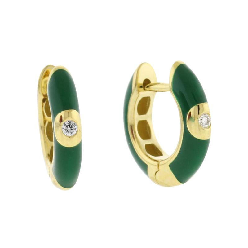 GREEN ENAMEL AND DIAMOND HOOP EARRINGS