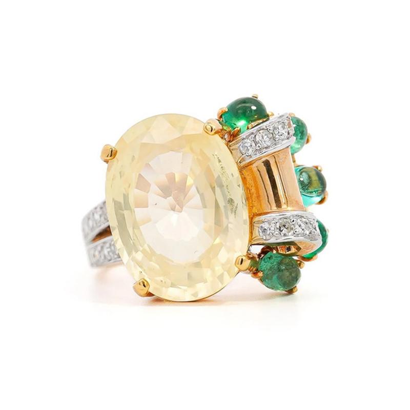 GRS Certified No Heat 12 61 Carat Oval Yellow Sapphire Emerald Floral Ring