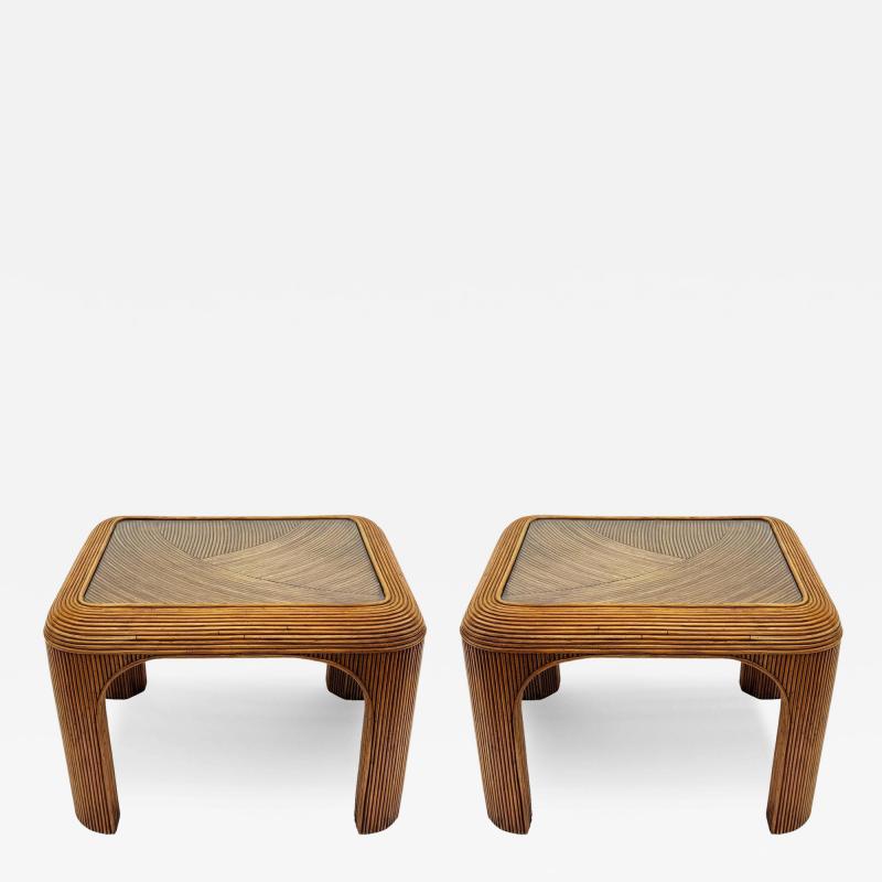 Gabriella Crespi Mid Century Modern Pencil Reed Bamboo Side Tables or End Tables with Glass Tops