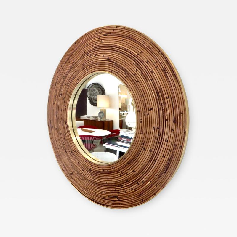 Gabriella Crespi Round Italian Rattan and Brass Framed Mirror Circa 1970