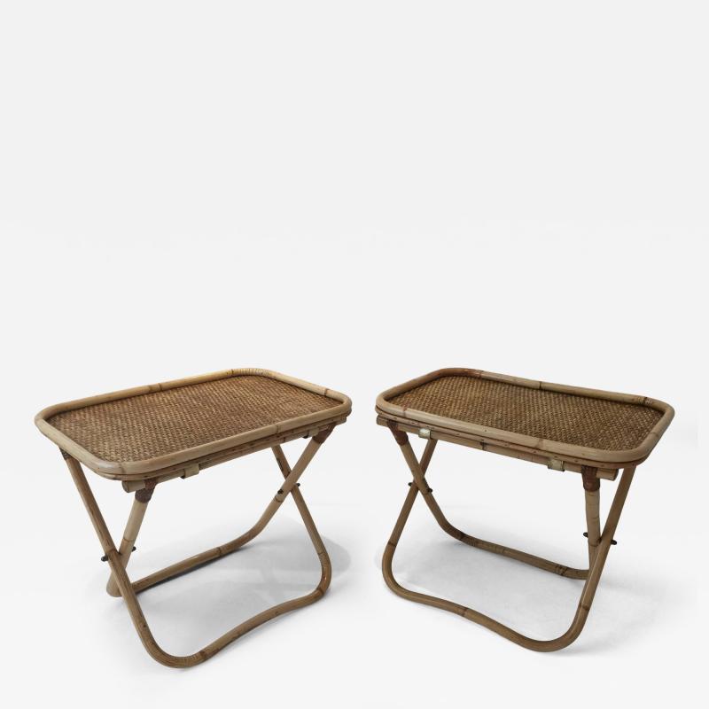 Gabriella Crespi Signed Gabriella Crespi Rattan Collapsible Tray Tables Pair