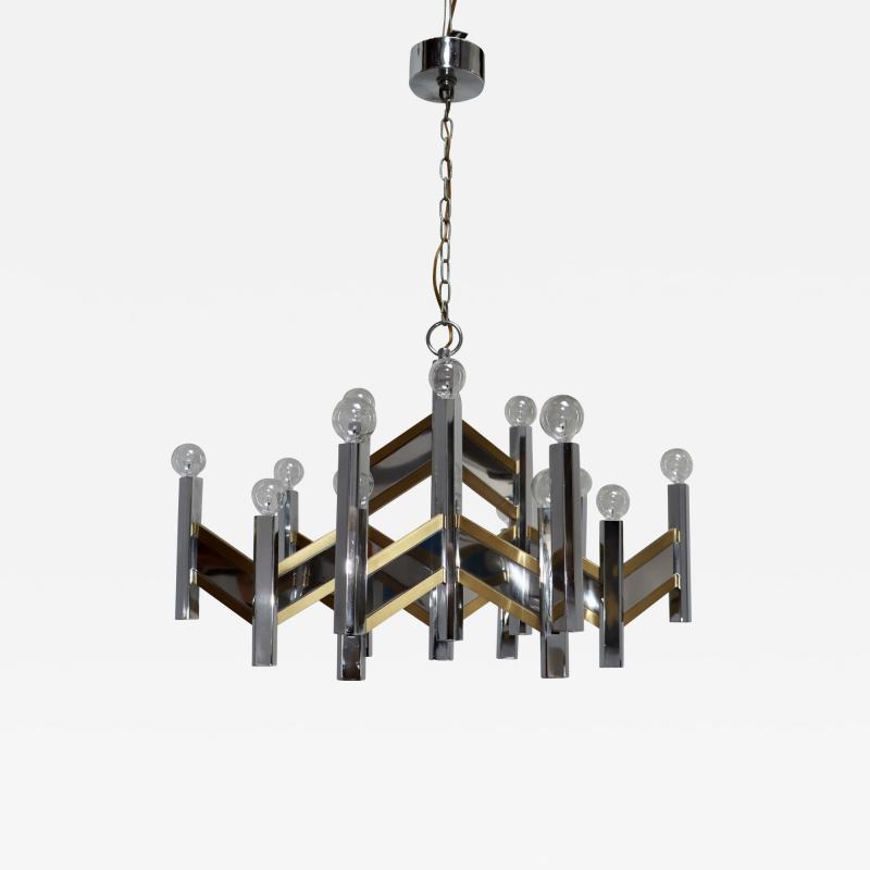 Gaetano Sciolari 1970s Gaetano Sciolari Chevron Brass And Chrome 15 Light Chandelier