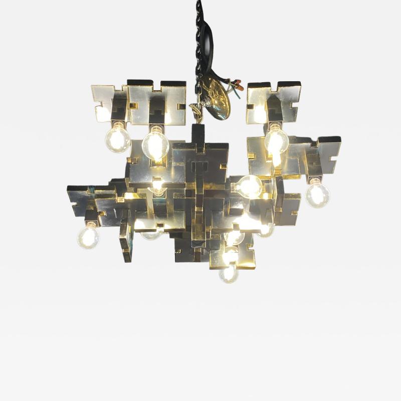 Gaetano Sciolari Gaetano Sciolari Italian Industrial Brass and Brushed Chrome Chandelier