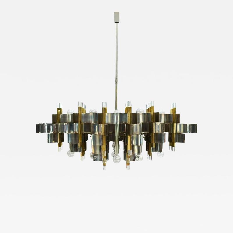 Gaetano Sciolari Large Mid Century Modern Italian Chrome Brass Chandelier by Gaetano Sciolari