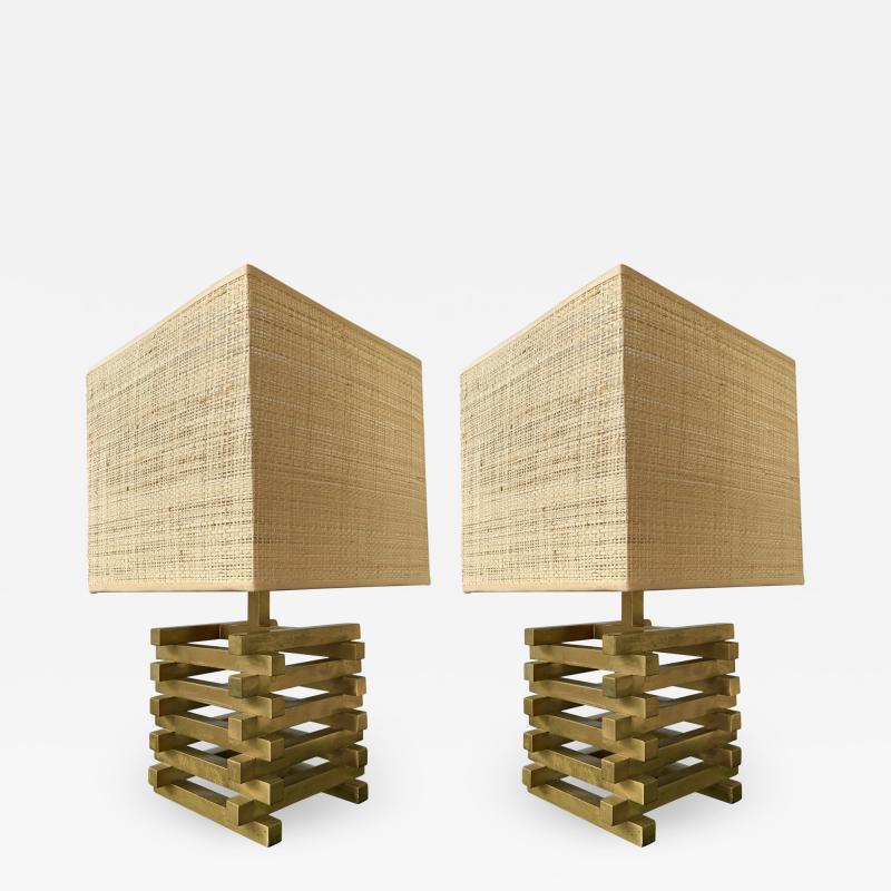 Gaetano Sciolari Pair of Brass Cage Lamps by Sciolari Italy 1970s