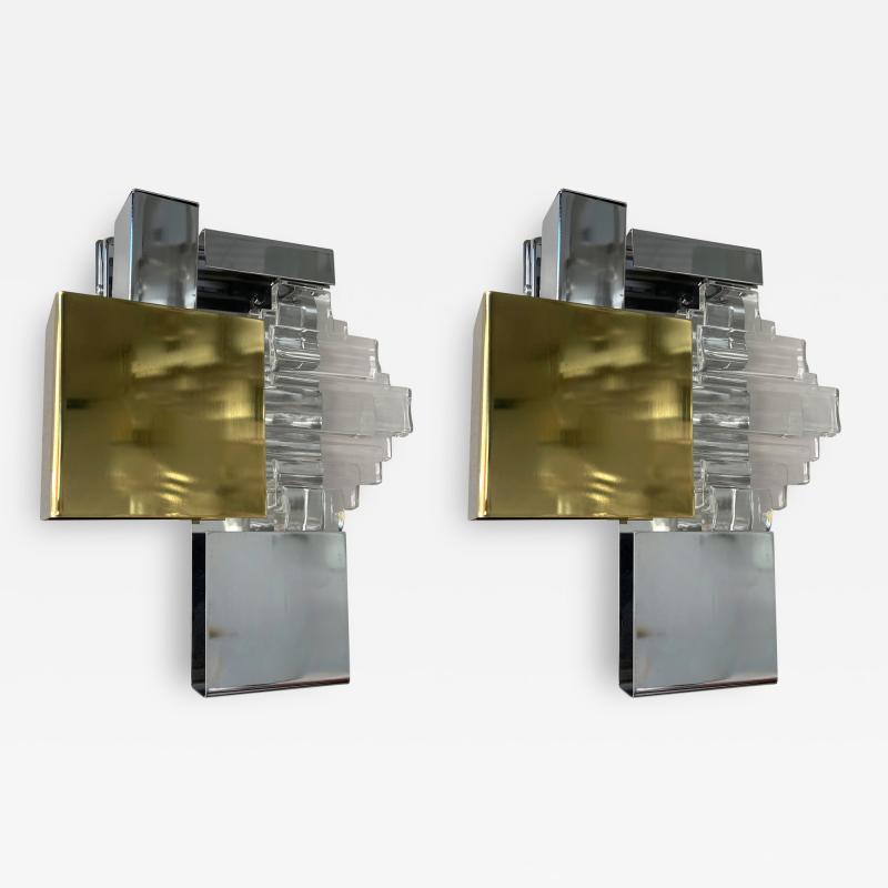 Gaetano Sciolari Pair of Metal Brass Glass Sconces by Sciolari for Stilkronen Germany 1970s