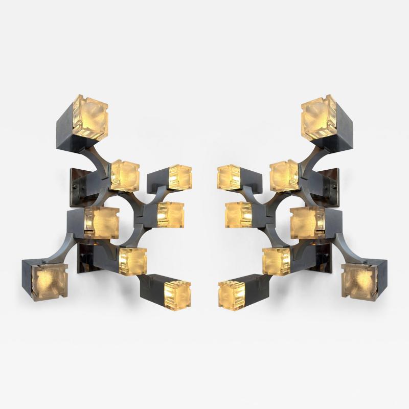 Gaetano Sciolari Pair of Sconces Cubic Metal Chrome and Lucite by Sciolari Italy 1970s