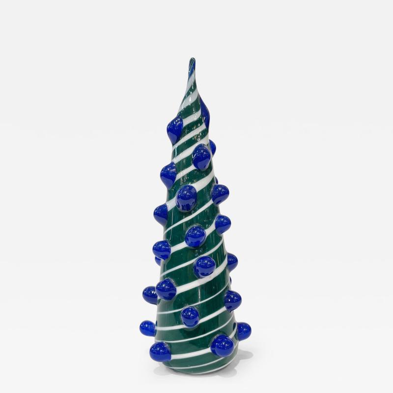 Galliano Ferro Contemporary Italian White Green Blue Murano Glass Christmas Tree Cone Sculpture