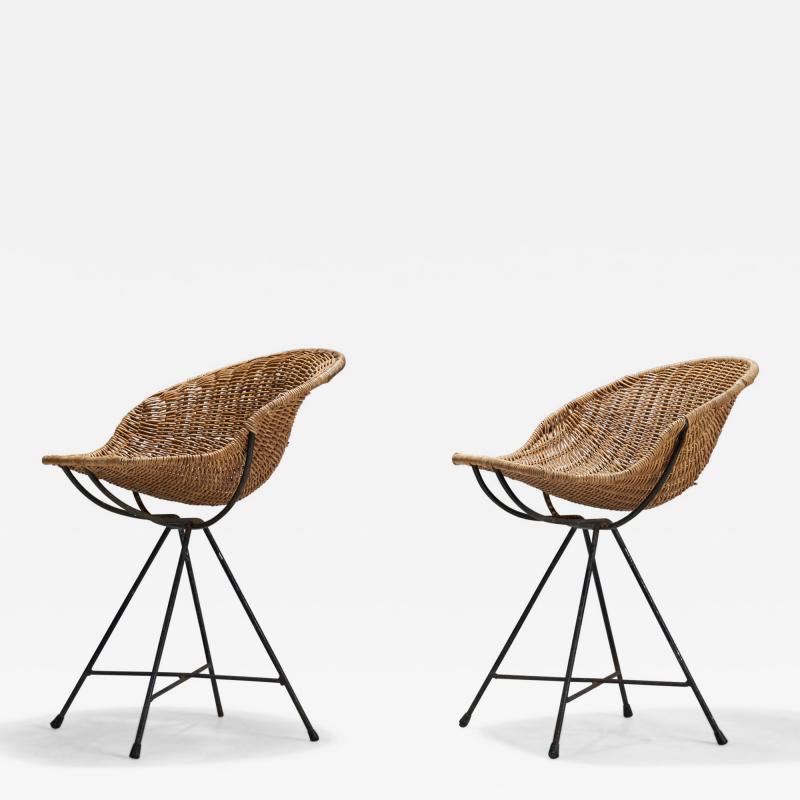 Gastone Rinaldi Stools with Rattan and Lacquered Metal for RIMA Italy 1950s