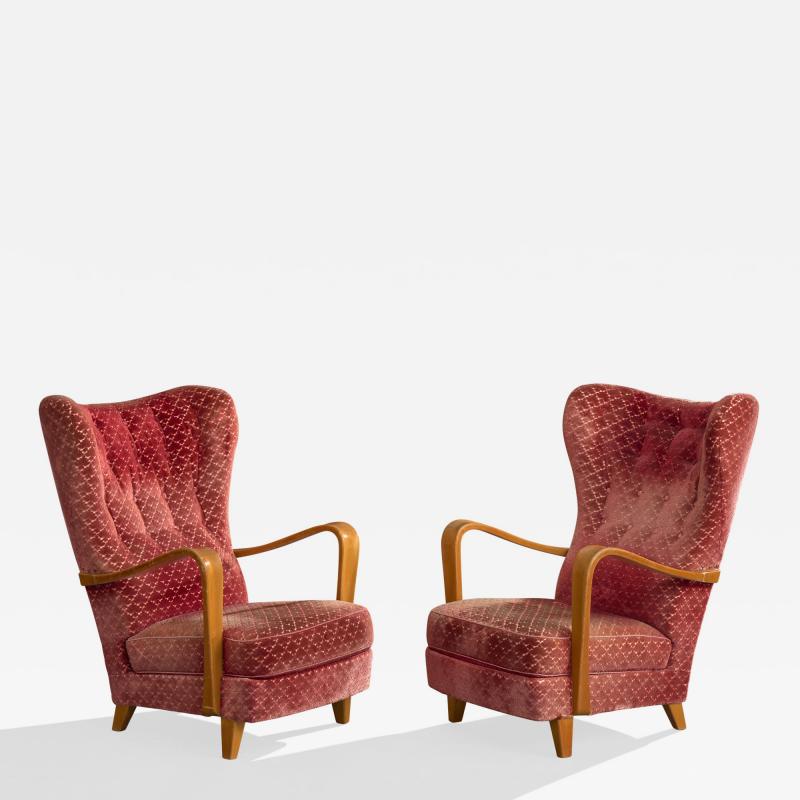 Gemla Lounge Chairs with Wood and Velvet Sweden 1940s