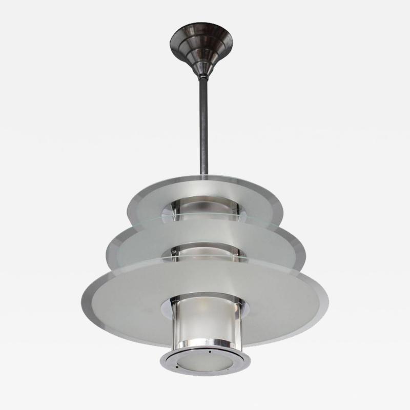 Genet et Michon French 1930s Chrome and Glass Modernist 3 Tier Chandelier by Genet et Michon