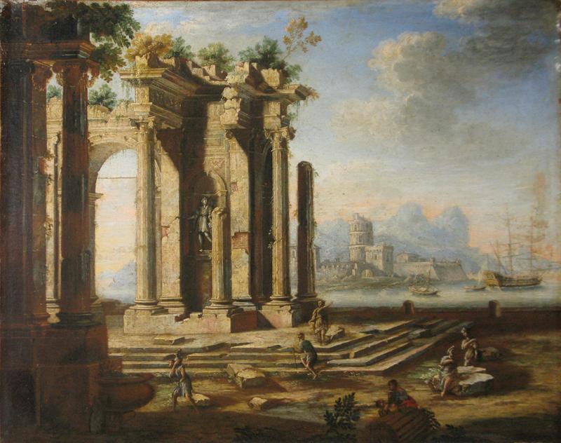 Gennaro Greco Il Mascacotta Classical Ruins with a Seascape in the Distance