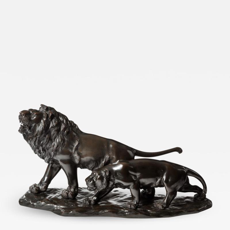 Genryusai Seiya A Meiji period bronze study of a lion and lioness by Genryusai Seiya 