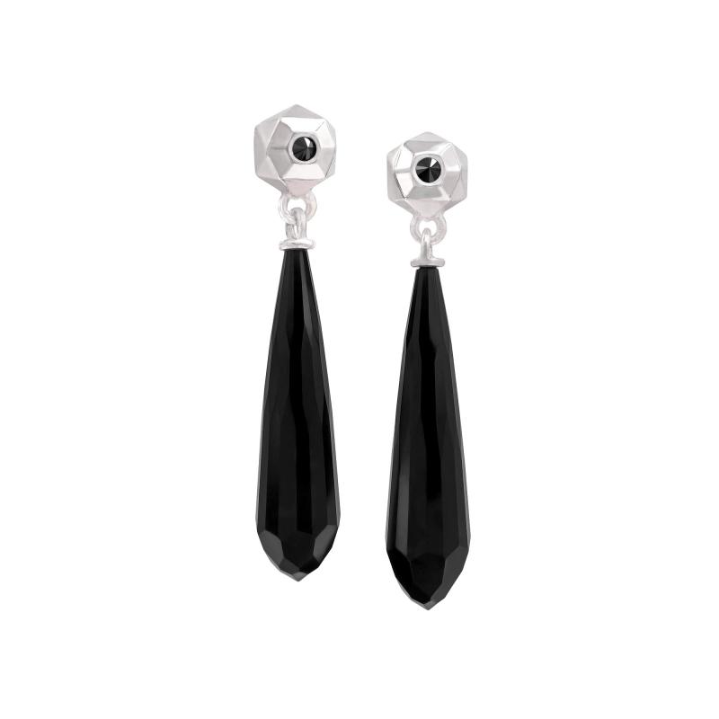 Geoffrey Good Faceted Black Jade Inverted Black Diamond Silver Hex Drop Earring Geoffrey Good