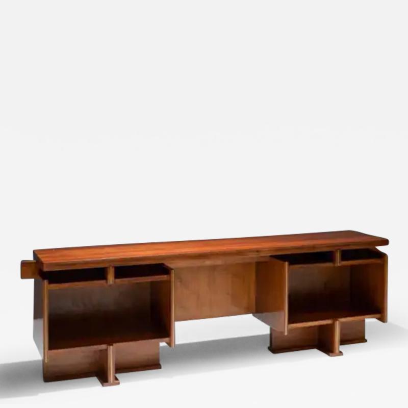 Geometric Writing Desk Sideboard in Walnut and Brass Italy 1950s