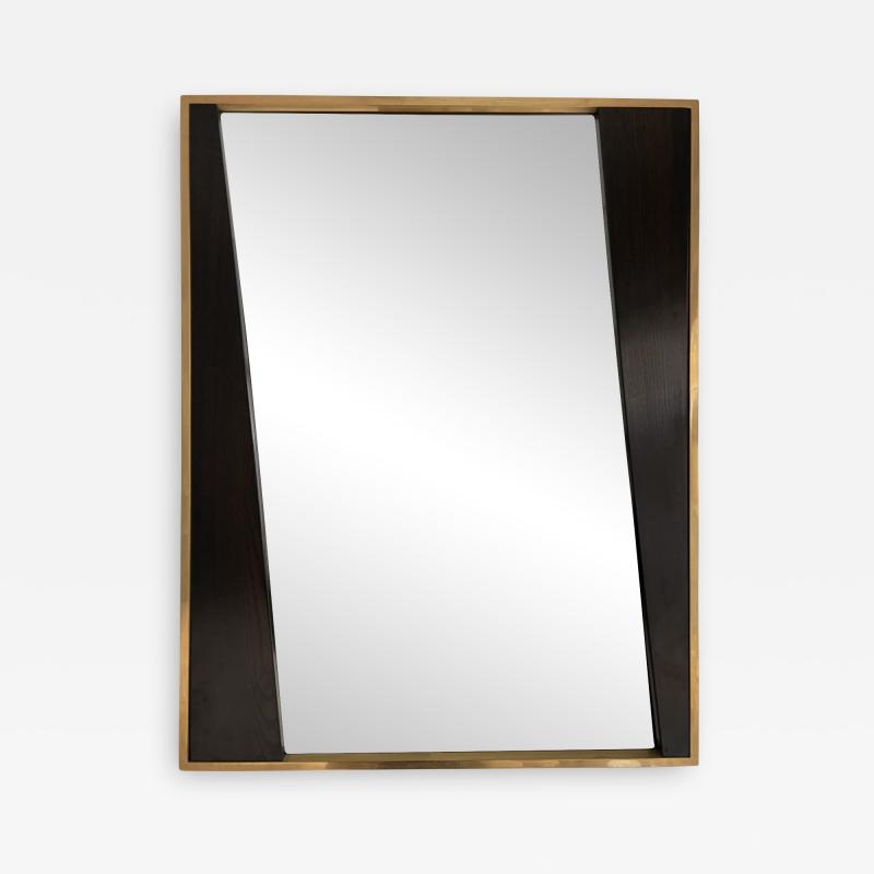 Geometrical Wood and Brass Mirror Italy 1970s