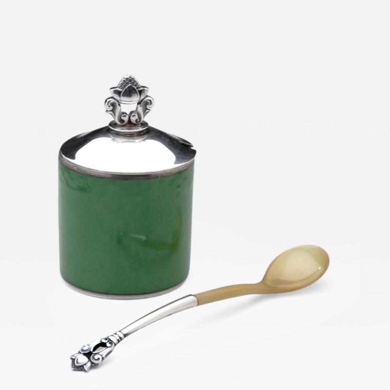 Georg Jensen Acorn Mustard Pot No 815F Spoon with Royal Copenhagen Green Pot
