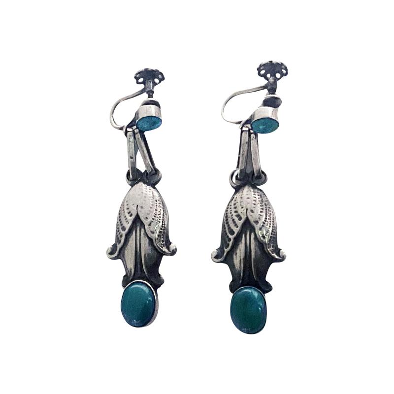 Georg Jensen Antique George Jensen Sterling Malachite drop Earrings C 1935