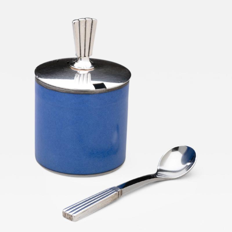 Georg Jensen Georg Jensen Bernadotte Mustard Pot Spoon with Royal Copenhagen Blue Pot