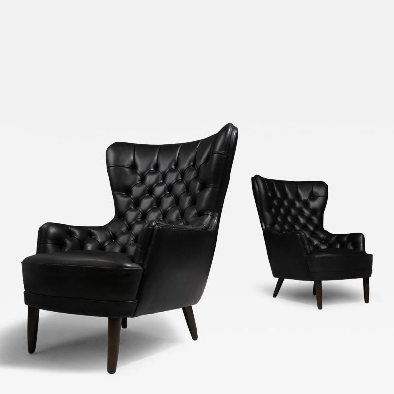 Georg Kofoed Pair of Georg Kofoed Sculptural Danish Wingback Chairs in Black Leather