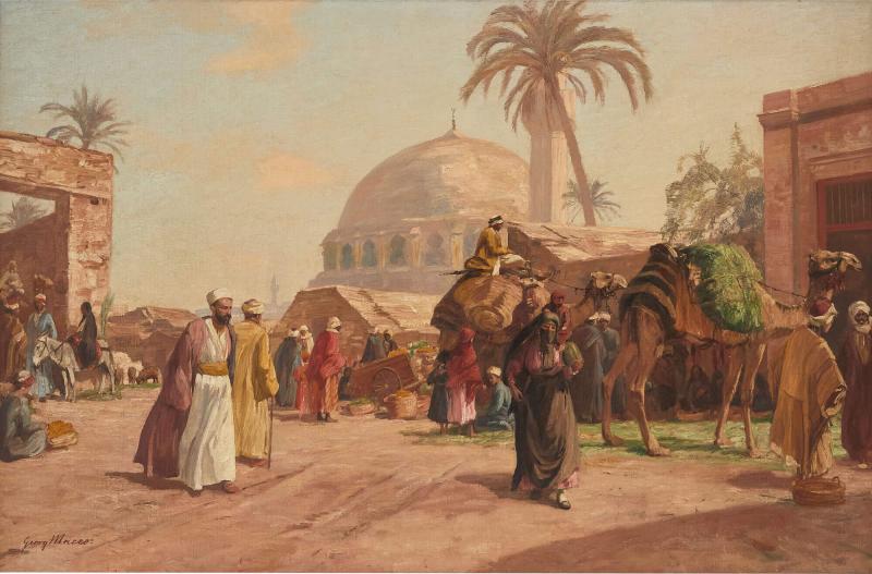 Georg Macco Antique German Orientalist painting of a Cairo street by Macco