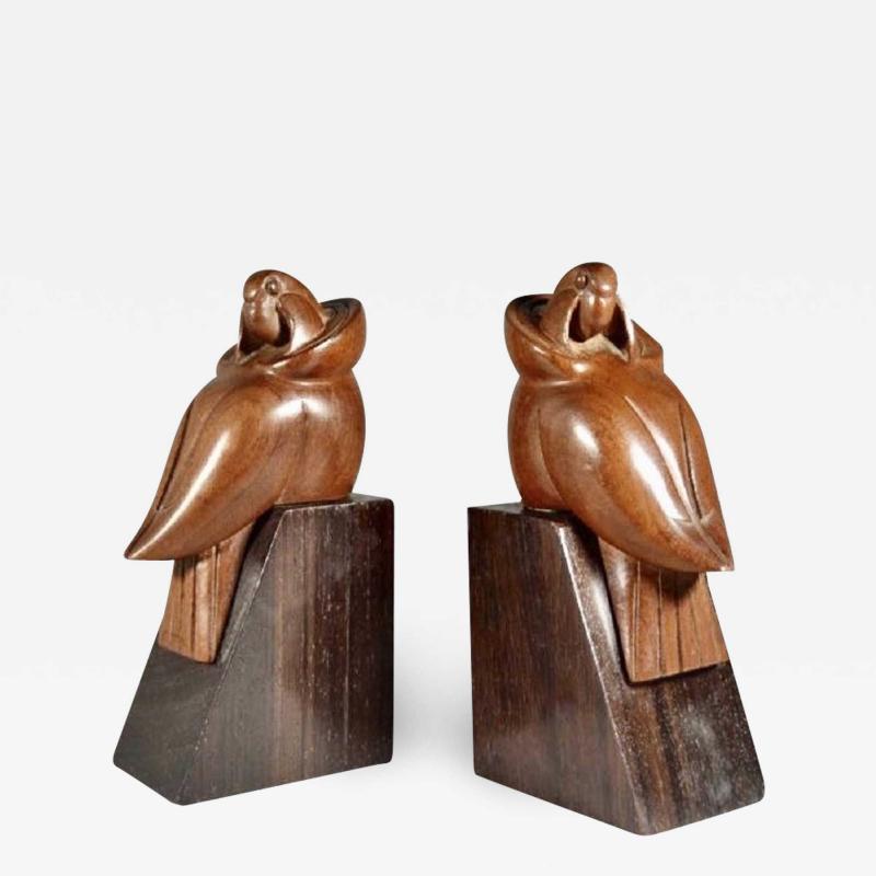 George H Laurent Art Deco Bookends of Parrots in Wood by George Laurent