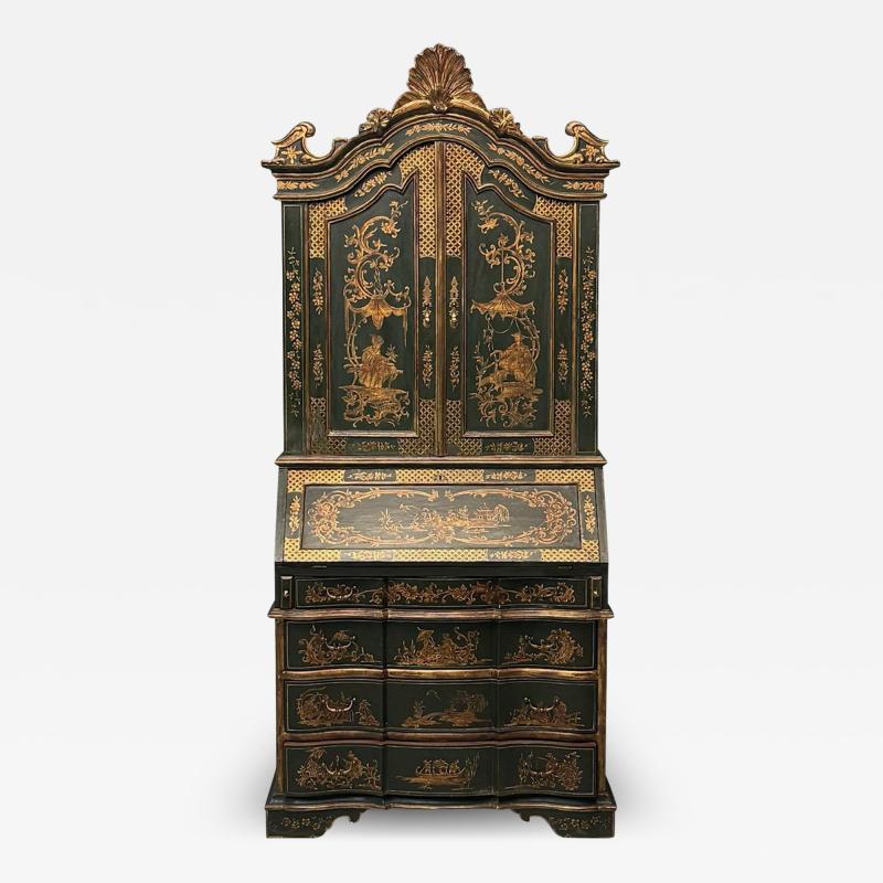 George I Style Chinoiserie Green Japanned Desk Bookcase Parcel Gilt 1920s