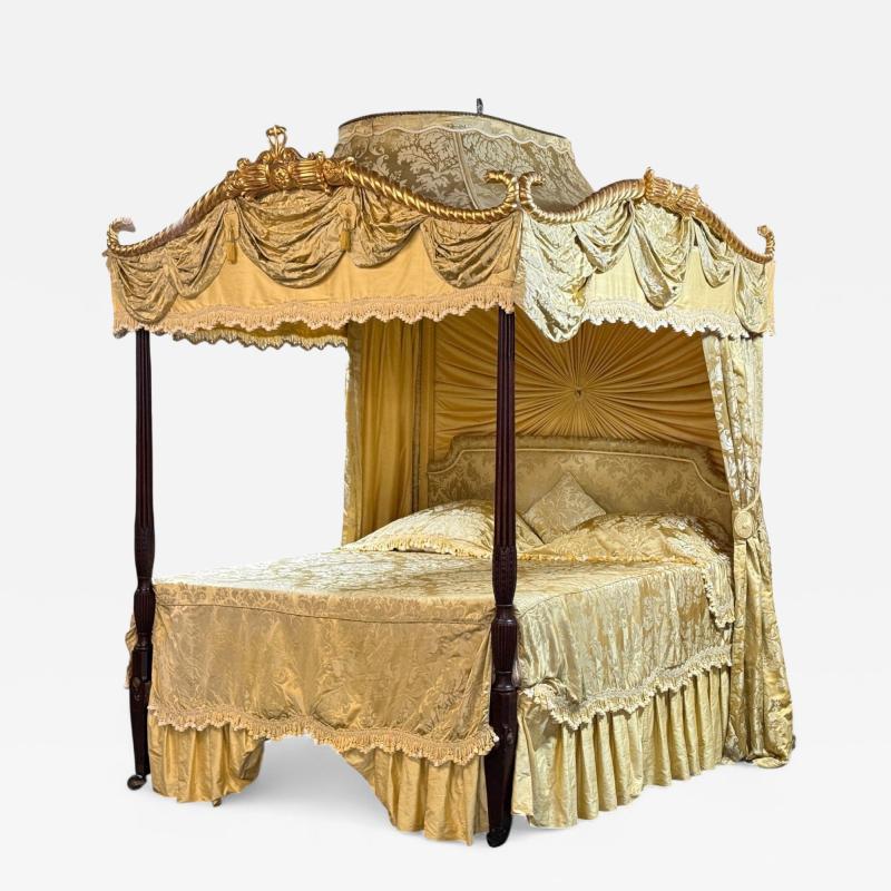 George III Mahogany Gilt Wood Silk Canopy Bed England c 1880s