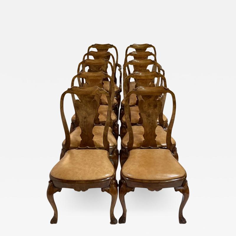 George III Style Burton Ching Burl Walnut Dining Chairs Set of 10
