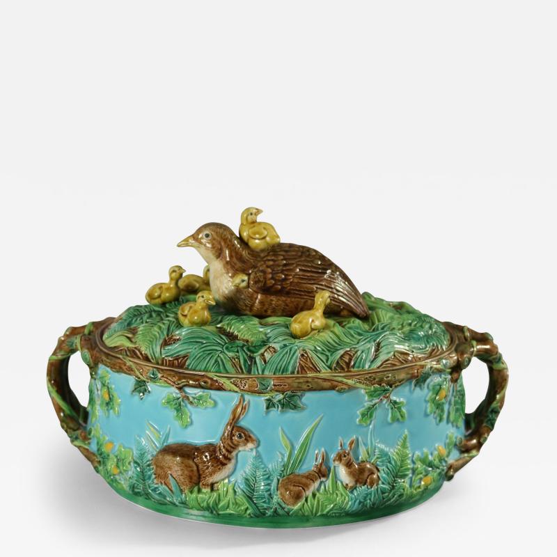 George Jones Majolica Partridge and Chicks Game Pie Dish