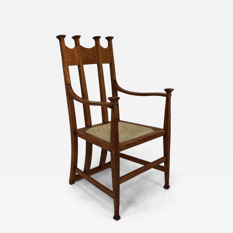 George Montague Ellwood J S Henry Arts Crafts oak dining chair with throne like caps a sweeping back