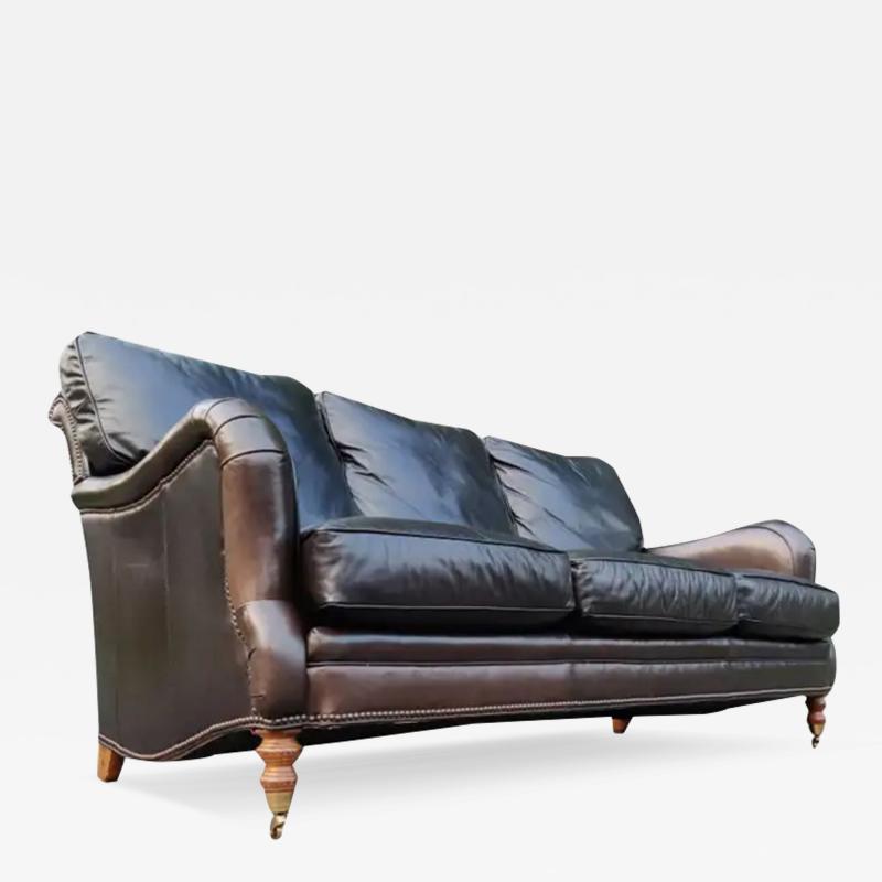 George Smith English Regency 3 Seater Espresso Leather Brass Sofa Style of George Smith