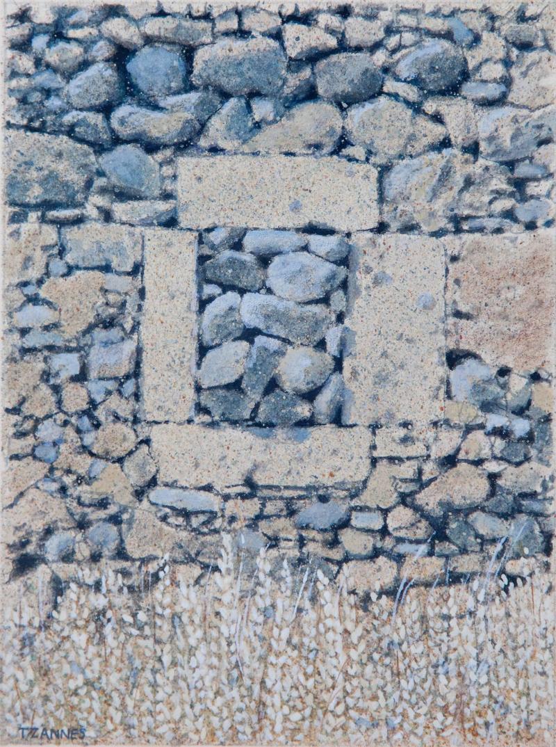 George Tzannes Ancient Rock Wall with Stone filled Window Figurative Painting of Greek Wall