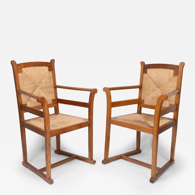 George Walton Pair of Arts Crafts Oak Elbow Chairs in the Manner of George Walton
