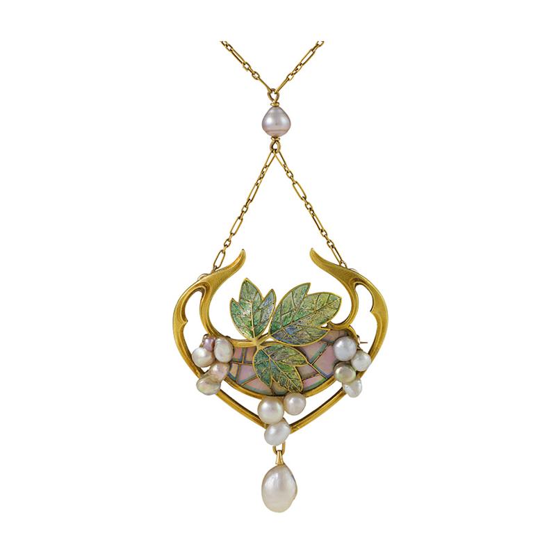 Georges Fouquet Georges Fouquet French Art Nouveau Opal Pearl Gold and Plique Jour Enamel