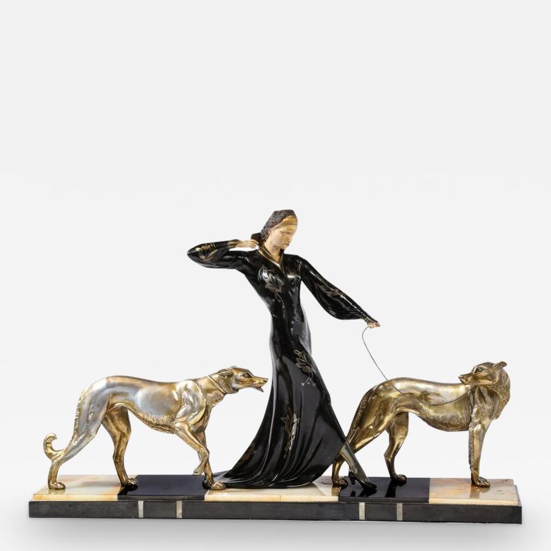 Georges Gori Art Deco Sculpture of Woman Walking Borzois Signed G Gori for Etling Paris