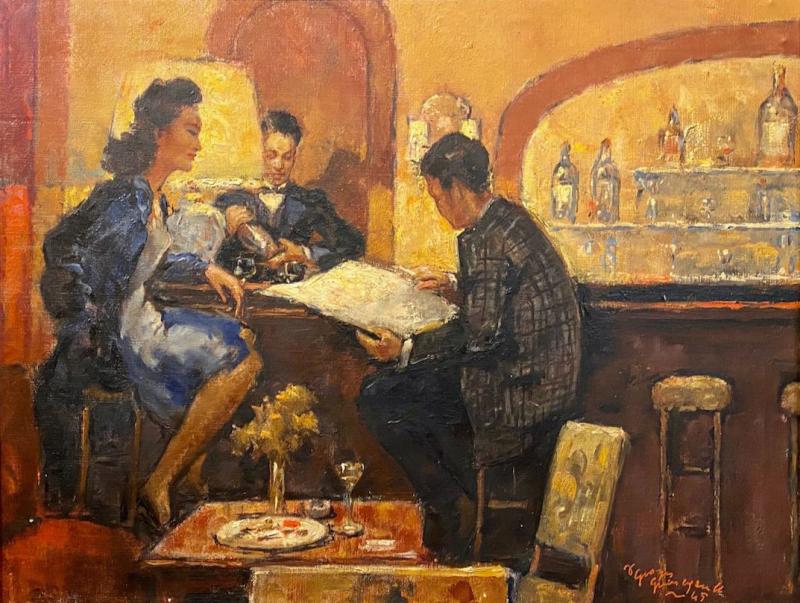 Georges Guinegault - Art Deco Painting by Georges Guinegault "in a Bar