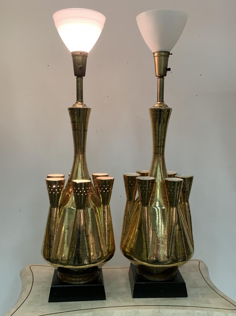 Jouve MONUMENTAL PAIR OF GOLD GLAZED CERAMIC LAMPS IN THE