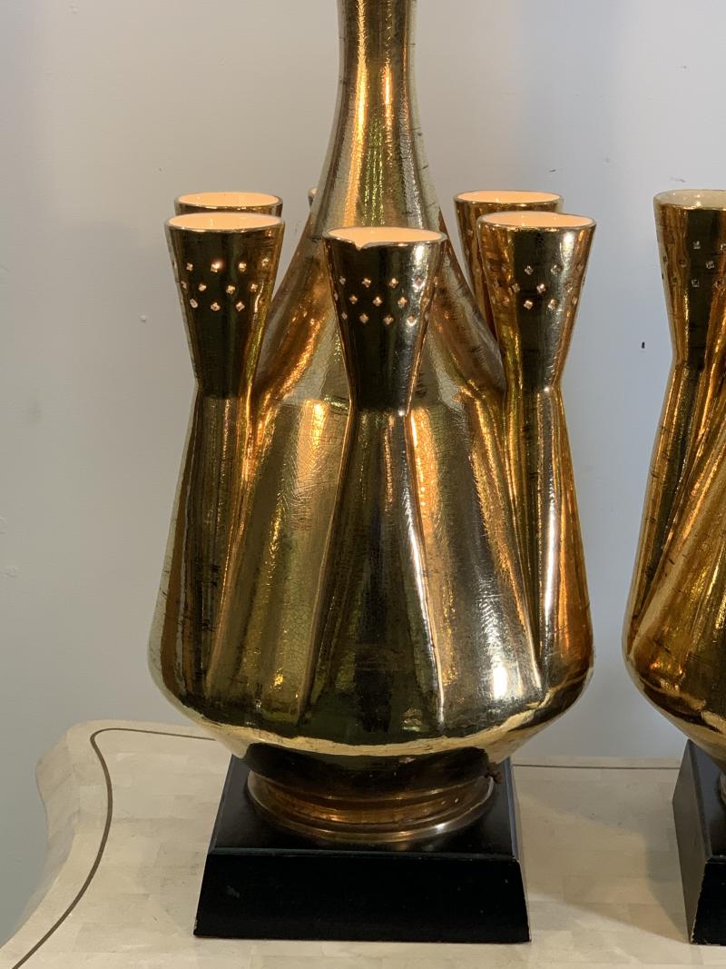 Jouve MONUMENTAL PAIR OF GOLD GLAZED CERAMIC LAMPS IN THE
