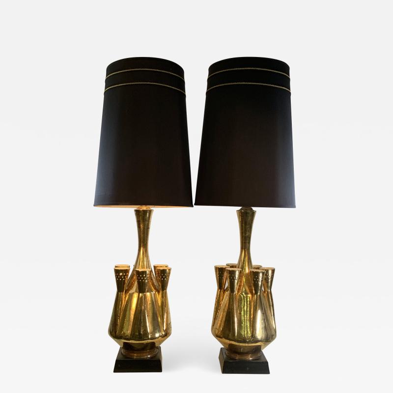 Georges Jouve MONUMENTAL PAIR OF GOLD GLAZED CERAMIC LAMPS IN THE MANNER OF GEORGES JOUVE