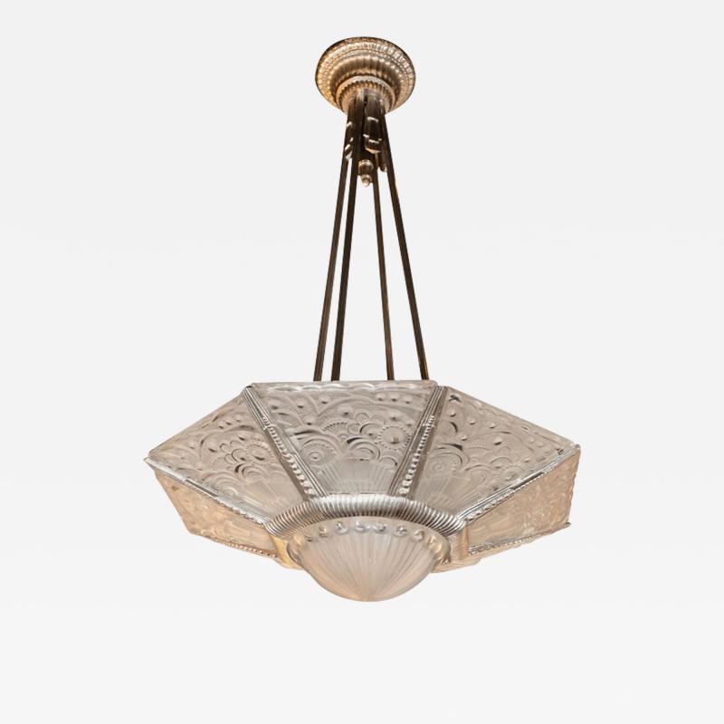 Georges Leleu Art Deco Cubist Silvered Bronze and Frosted Glass Chandelier by Georges Leleu